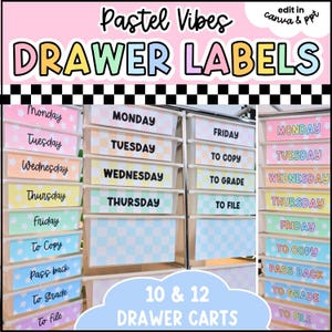 Etiquetas para Carrinho de 10 e 12 Gavetas com Estampa Xadrez Pastel - Carrinho para Professores