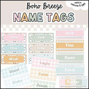 Könnte beinhalten: Eine Sammlung rechteckiger Namensschilder in Pastellfarben mit Blumenmustern. Der Text lautet Boho Breeze NAME TAGS, edit in canva & ppt. Die einzelnen Schilder zeigen Namen wie Josie, Jack, Aria, Finn, Owen, Bohdi, Parker, Hazel, Blake, Layla, Caleb und Jonah.