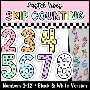 May include: Educational skip counting wall decals featuring large numbers 2 through 8 in pastel colours, each containing smaller multiples. The top text reads Pastel Vibes SKIP COUNTING and the bottom text reads Numbers 1-12 + Black & White Version.