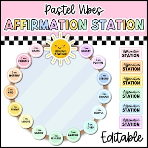 May include: A circular mirror display titled Pastel Vibes AFFIRMATION STATION with a yellow sun icon. It features pastel-colored circular labels with phrases like I am BRAVE, I am KIND, and I am LOVED. Includes six rectangular labels with the text AFFIRMATION STATION.