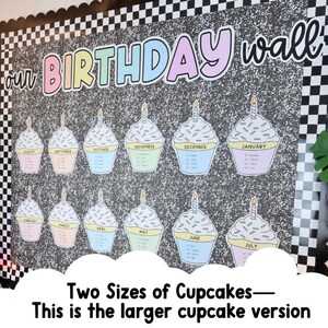 Completed classroom birthday wall display featuring pastel birthday letters monthly cupcake birthday cards student names and large cupcake format for bulletin boards.