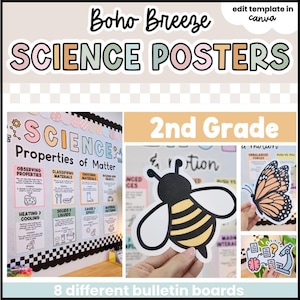 Può includere: Un modello digitale per poster scientifici di seconda elementare intitolato Boho Breeze Science Posters. Il set include otto design per bacheche con testo educativo, un'illustrazione di un'ape, una farfalla e icone scientifiche come un microscopio.
