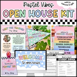 Può includere: Un kit digitale per l'open day con modelli per la classe in colori pastello. Include un volantino di presentazione dell'insegnante, un gagliardetto per la quarta elementare, un libretto informativo per la seconda, una schermata di benvenuto e moduli di sondaggio.