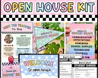 May include: A digital open house kit featuring pastel-colored classroom templates. Includes a Meet the Teacher flyer, a Fourth Grade pennant, a Second Grade information flipbook, a welcome screen, and parent and student survey forms with black and white checkerboard accents.