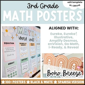 May include: A digital template for 3rd grade maths posters featuring a maths word wall with pastel-coloured cards for equations, arrays, and quotients. The design includes rainbow and flower graphics, text reading Boho Breeze, and a list of aligned maths curricula.