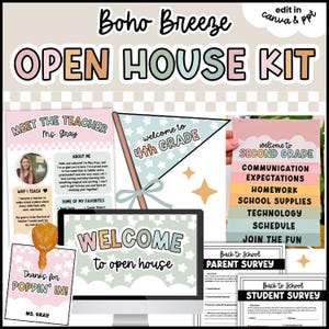 May include: A digital classroom open house kit featuring pastel-colored templates with the text Boho Breeze OPEN HOUSE KIT, Meet the Teacher, Welcome to 4th Grade, Welcome to Second Grade, Welcome to open house, Thanks for Poppin' In, and surveys.