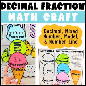 May include: A decimal fraction math craft activity featuring ice cream cone cutouts with labels for number line, model, mixed number, and decimal. The text reads Decimal Fraction Math Craft, Sweet Decimal Fractions, and Decimal, Mixed Number, Model, & Number Line.