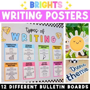 Peut inclure: Un ensemble d'affiches éducatives sur l'écriture avec le texte Types of Writing et huit cartes colorées détaillant les types narratif, opinion, informatif, persuasif, procédural, poésie, lettre et descriptif, avec une découpe de soleil.