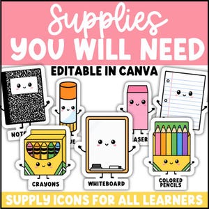 May include: A digital graphic featuring the text "SUPPLIES YOU WILL NEED" and "EDITABLE IN CANVA" above cartoon school supply icons including a notebook, glue stick, eraser, lined paper, crayons, whiteboard, and colored pencils with faces.