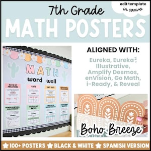 7th Grade Math Posters BOHO Bundle - FULL YEAR - Word Wall, Anchor Char