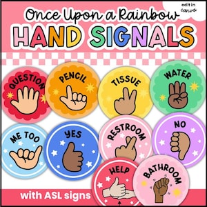 Puede incluir: Un gráfico digital titulado Once Upon a Rainbow HAND SIGNALS with ASL signs, que presenta diez iconos circulares coloridos. Cada icono muestra un gesto con la mano que representa palabras como Question, Pencil, Tissue, Water, Me Too, Yes, Restroom, No, Help y Bathroom.