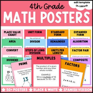 May include: A collection of 4th Grade Math Posters featuring colourful rectangular cards with educational definitions and examples for terms like Place Value, Divisor, Multiples, and Factors. The text is clear and bold, designed for classroom display.