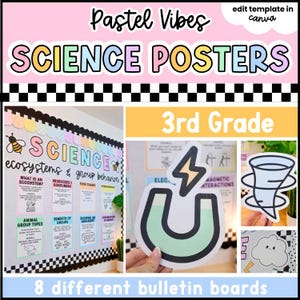 May include: A digital template for 3rd grade science posters featuring pastel colors and a checkerboard border. The set includes eight bulletin board designs with educational text, illustrations of a magnet, tornado, and cloud, and bee graphics.