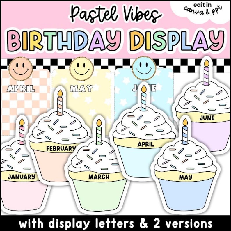 Pastel birthday display for classroom decor featuring editable monthly cupcake birthday cards colorful display letters smiley accents and Canva PowerPoint templates for teachers.