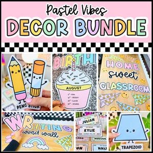 Könnte beinhalten: Ein Klassenzimmer-Dekorationsset in Pastellfarben mit Ausschnitten von Bleistift, Klebestift, Cupcake, Papierfliegern und einem Trapez. Der Text umfasst "Pastel Vibes DECOR BUNDLE", "BIRTHDAY", "HOME SWEET CLASSROOM", "WRITING word wall" und Namen.