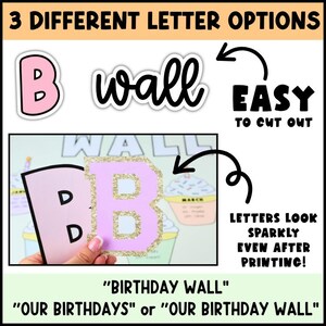 Classroom birthday display includes three different letter styles for birthday wall bulletin boards easy to cut printable letters with pastel classroom theme.