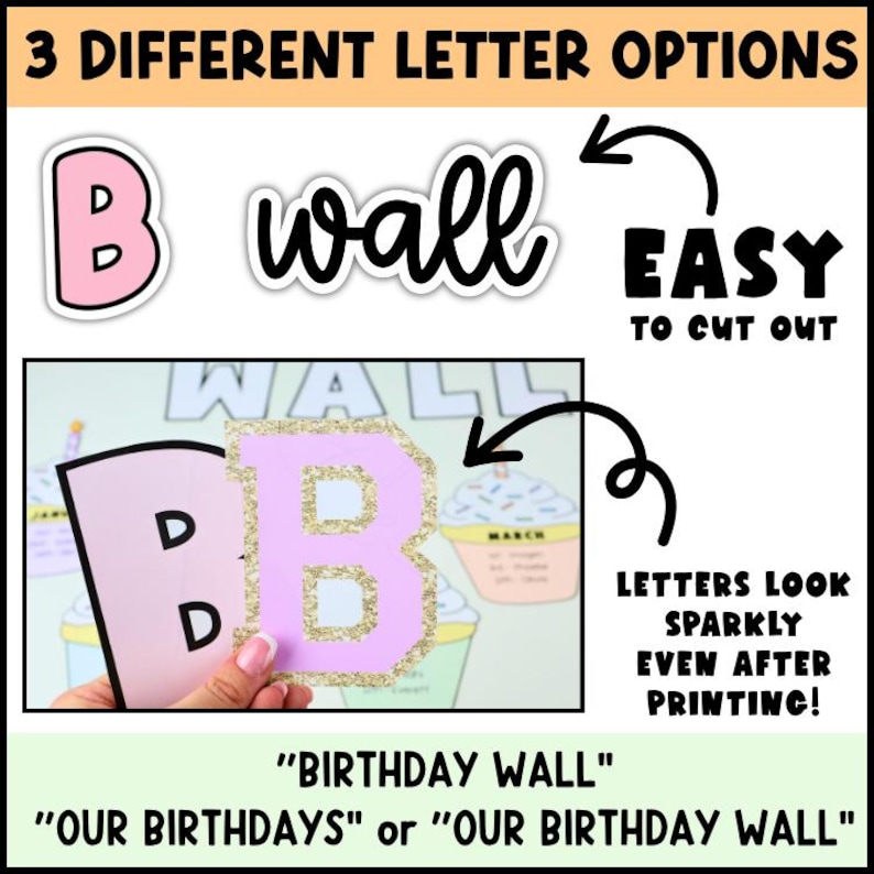 Classroom birthday display includes three different letter styles for birthday wall bulletin boards easy to cut printable letters with pastel classroom theme.