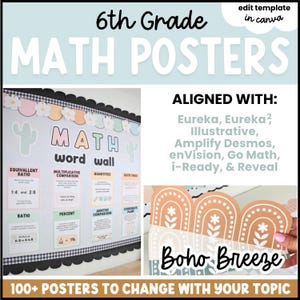 May include: A digital template for 6th grade math posters featuring a classroom word wall display with pastel-colored educational charts. The text includes 6th Grade MATH POSTERS, ALIGNED WITH: Eureka, Illustrative, Amplify Desmos, enVision, Go Math, i-Ready, & Reveal, and Boho Breeze.