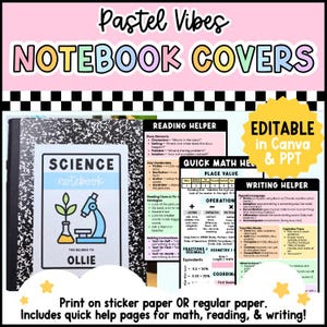 May include: A set of printable notebook covers and reference sheets with pastel accents. The science notebook cover features a microscope and plant graphic with the text Science Notebook and Ollie. Includes reading, math, and writing helper pages.