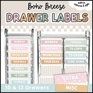 May include: Boho Breeze drawer labels for 10 and 12 drawer carts. The labels feature pastel colors and text including Monday, Tuesday, Wednesday, Thursday, Friday, To Copy, To Grade, Send Home, Extra, and Misc. The design is editable in Canva and PPT.
