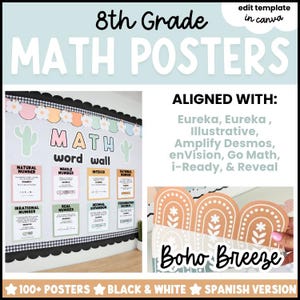 May include: A digital template for 8th grade math posters featuring a classroom bulletin board display with a math word wall, cactus accents, and rainbow graphics. The text includes 8th Grade Math Posters, Aligned With, and Boho Breeze.