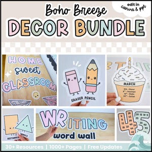 Puede incluir: Un paquete de decoración para el aula titulado Boho Breeze que incluye recortes en tonos pastel, como el texto Home Sweet Classroom, un calendario de cumpleaños de cupcake, un lápiz, una goma, formas geométricas y tablas numéricas.