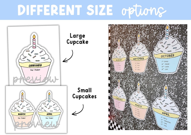 May include: A set of printable cupcake-shaped birthday charts featuring months of the year, candles, and space for student names. The design includes large and small size options with pastel-colored bases, white frosting, and sprinkles. Text includes month names and 'Day- Student'.