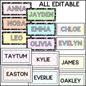 Collection of fully editable pastel classroom name tags with checkerboard and patterned backgrounds customizable student names and printable labels for classroom use.