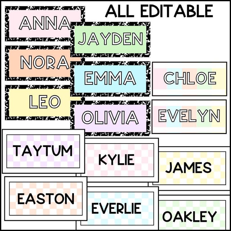 Collection of fully editable pastel classroom name tags with checkerboard and patterned backgrounds customizable student names and printable labels for classroom use.