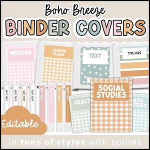 May include: A collection of binder covers and spines featuring the text Boho Breeze BINDER COVERS and Editable. The designs include various patterns like gingham and stars in muted pink, orange, green, and white colors with labels for subjects.