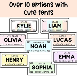 Editable classroom name tags featuring cute fonts pastel color palettes grade levels school names and multiple layouts for desks lockers cubbies and classroom organization.