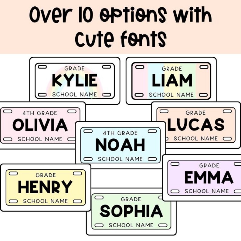 Editable classroom name tags featuring cute fonts pastel color palettes grade levels school names and multiple layouts for desks lockers cubbies and classroom organization.