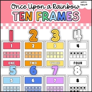 May include: Educational printable featuring the text Once Upon a Rainbow TEN FRAMES. The graphic displays numbers one through eight with corresponding ten frame grids, colorful headers, and large numeral cutouts for counting practice.