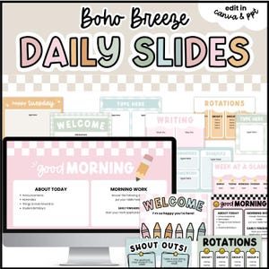 May include: A digital template set titled Boho Breeze Daily Slides featuring pastel-coloured presentation layouts for classroom use. The display includes a computer monitor showing a Good Morning slide with sections for announcements, reminders, and morning work.