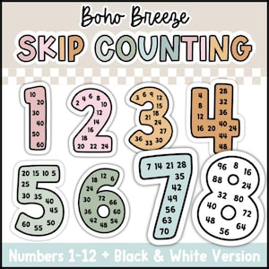 Könnte beinhalten: Lernposter für das Überspringzählen mit großen Zahlen von 1 bis 8 in Pastellfarben. Jede Zahl enthält kleinere aufgedruckte Vielfache. Der Text lautet Boho Breeze SKIP COUNTING und Numbers 1-12 + Black & White Version.