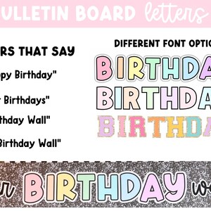 May include: Bulletin board letters featuring the text "Happy Birthday," "Our Birthdays," "Birthday Wall," and "Our Birthday Wall." The image displays different font options in pastel colors and a banner with the text "our BIRTHDAY wall."