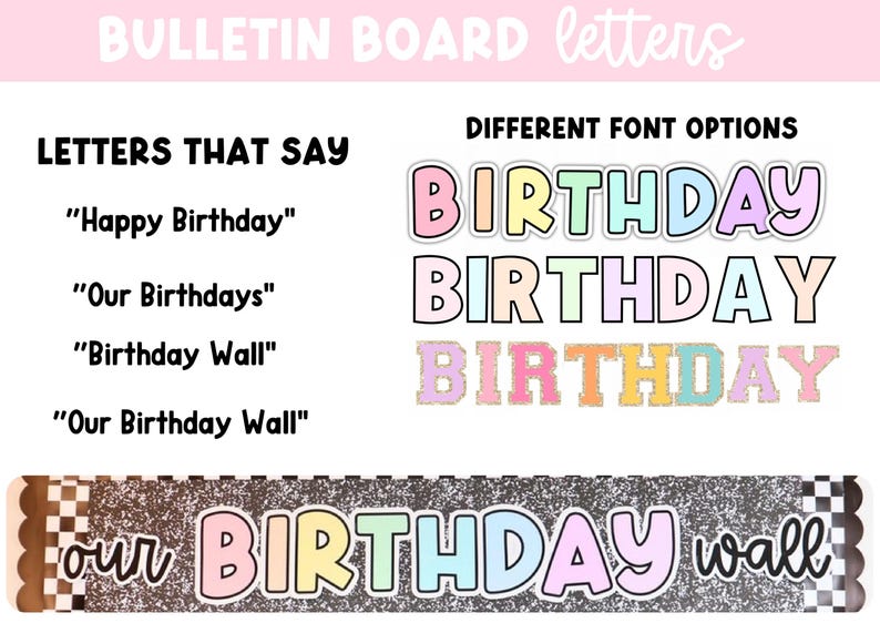 May include: Bulletin board letters featuring the text "Happy Birthday," "Our Birthdays," "Birthday Wall," and "Our Birthday Wall." The image displays different font options in pastel colors and a banner with the text "our BIRTHDAY wall."
