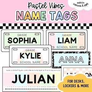 May include: A set of printable name tags featuring pastel colors and black text. The designs include license plate shapes, checkerboard patterns, and rainbow motifs. Text includes names like Sophia, Liam, Kylie, Anna, and Julian, plus school grade labels.