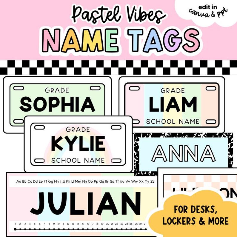 Editable pastel classroom name tags for desks lockers and classroom organization featuring customizable student names grade levels school names and Canva PowerPoint templates.