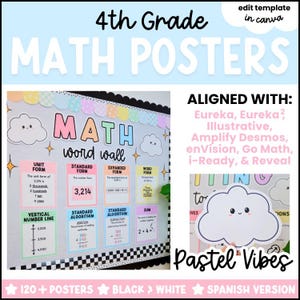 May include: A 4th grade maths poster set featuring a word wall with pastel-coloured headers and cloud illustrations. The posters display mathematical concepts like unit form, standard form, expanded form, and algorithms. Text includes "MATH word wall" and "ALIGNED WITH: Eureka, Eureka2, Illustrative, Amplify Desmos, enVision, Go Math, i-Ready, & Reveal".