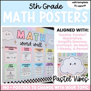 May include: A set of 5th grade math posters featuring pastel-colored cards with educational content including exponential form, place value, standard form, mixed number, unit form, expanded form, and vertical number line, with text aligned with Eureka, Illustrative, Amplify Desmos, enVision, Go Math, i-Ready, and Reveal.