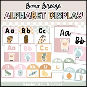 Affiches de l'alphabet Calm Boho Breeze à carreaux réguliers, ASL et cursives