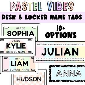 Pastel classroom desk and locker name tags with over ten design options including alphabet lines number lines rainbow accents and editable student name labels.