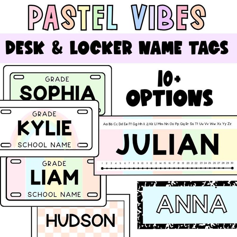 Pastel classroom desk and locker name tags with over ten design options including alphabet lines number lines rainbow accents and editable student name labels.