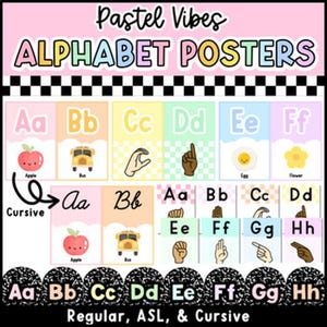 Pastel Vibes Alphabet Posters Chart Pastel Checkered Composition ASL & Cursive
