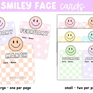 May include: A set of printable cards labeled SMILEY FACE cards featuring months of the year. Each card has a smiley face icon with a glittery border, a month name, and a Date - Name line. Designs include pastel colors, star patterns, and checkered backgrounds.