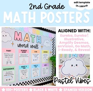 May include: A 2nd Grade Math word wall poster set featuring pastel-colored rectangular cards with math definitions and examples. The display includes text like Part, Number Bond, Sum, Addend, Difference, Make a Ten, Take a Ten, and RDW.