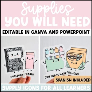 May include: Educational supply icons featuring cartoon characters of a notebook, eraser, dry erase markers, and crayons. The text reads: SUPPLIES YOU WILL NEED, EDITABLE IN CANVA AND POWERPOINT, NOTEBOOK, ERASER, DRY ERASE MARKERS, CRAYONS, SPANISH INCLUDED.