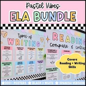 Peut inclure: Un ensemble de ressources éducatives numériques intitulé Pastel Vibes ELA BUNDLE présentant des affiches sur les types d'écriture et les compétences en lecture. Les affiches utilisent des couleurs pastel, des bordures à damier noir et blanc, et incluent du texte comme Types of Writing, Reading Compare and Contrast, et Covers Reading + Writing Skills.