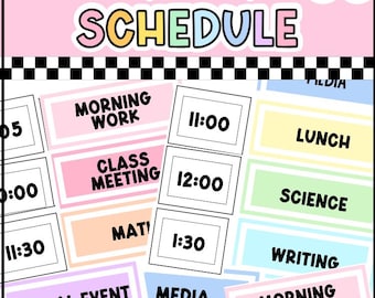 May include: A digital schedule template titled Pastel Vibes Schedule with text edit in canva & ppt. It features rectangular labels in pastel pink, yellow, green, and blue with black text for activities like Morning Work, Lunch, and Science.